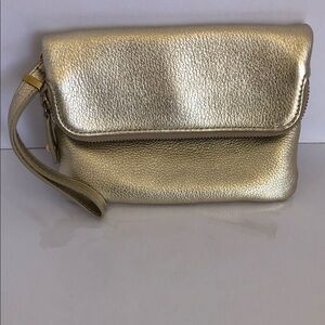 Talbots Fold Over Gold Leather Zipper Clutch With Strap